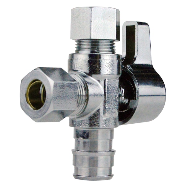 1/2 In. Chromed Brass PEX-A Barb X 3/8 In. Compression Dual Outlet Quarter-Turn Straight Stop Valve